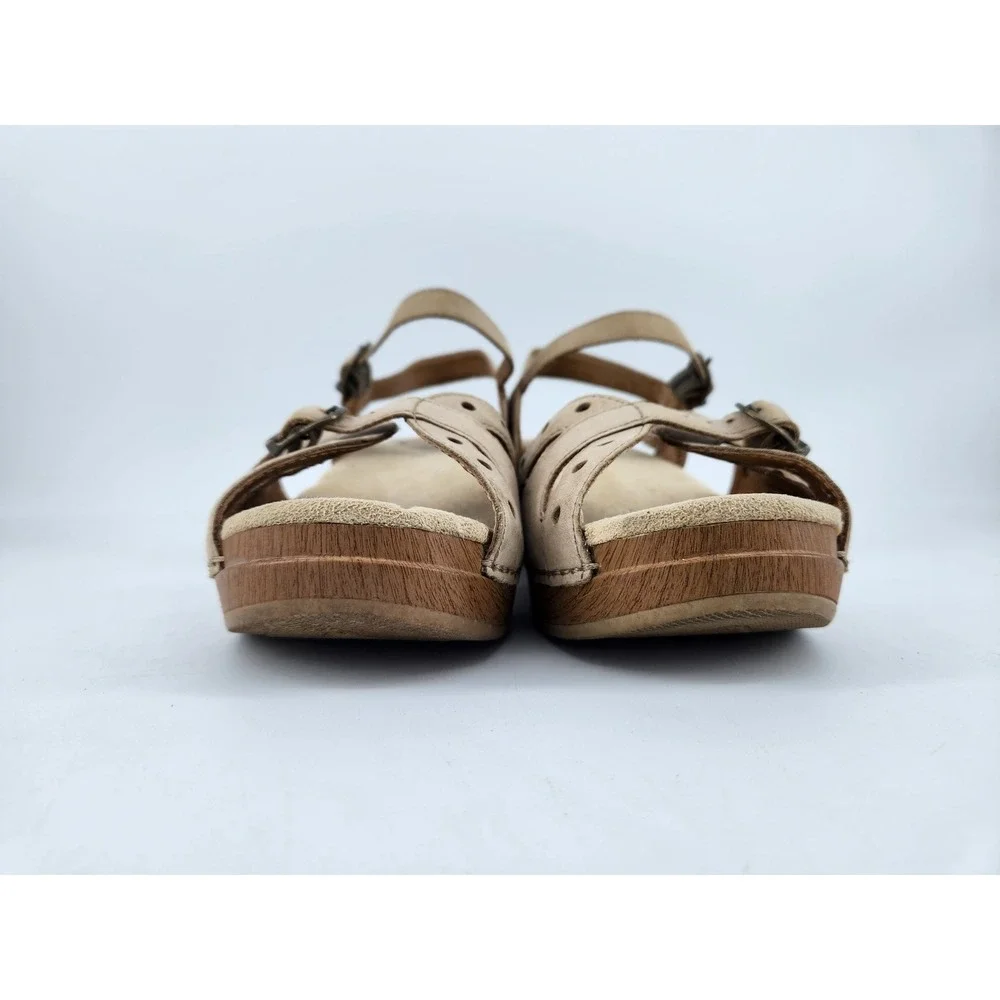 Dansko‎ Sissy Wedge Heel Sandals Womens 38 Tan Leather Perforated Buckle